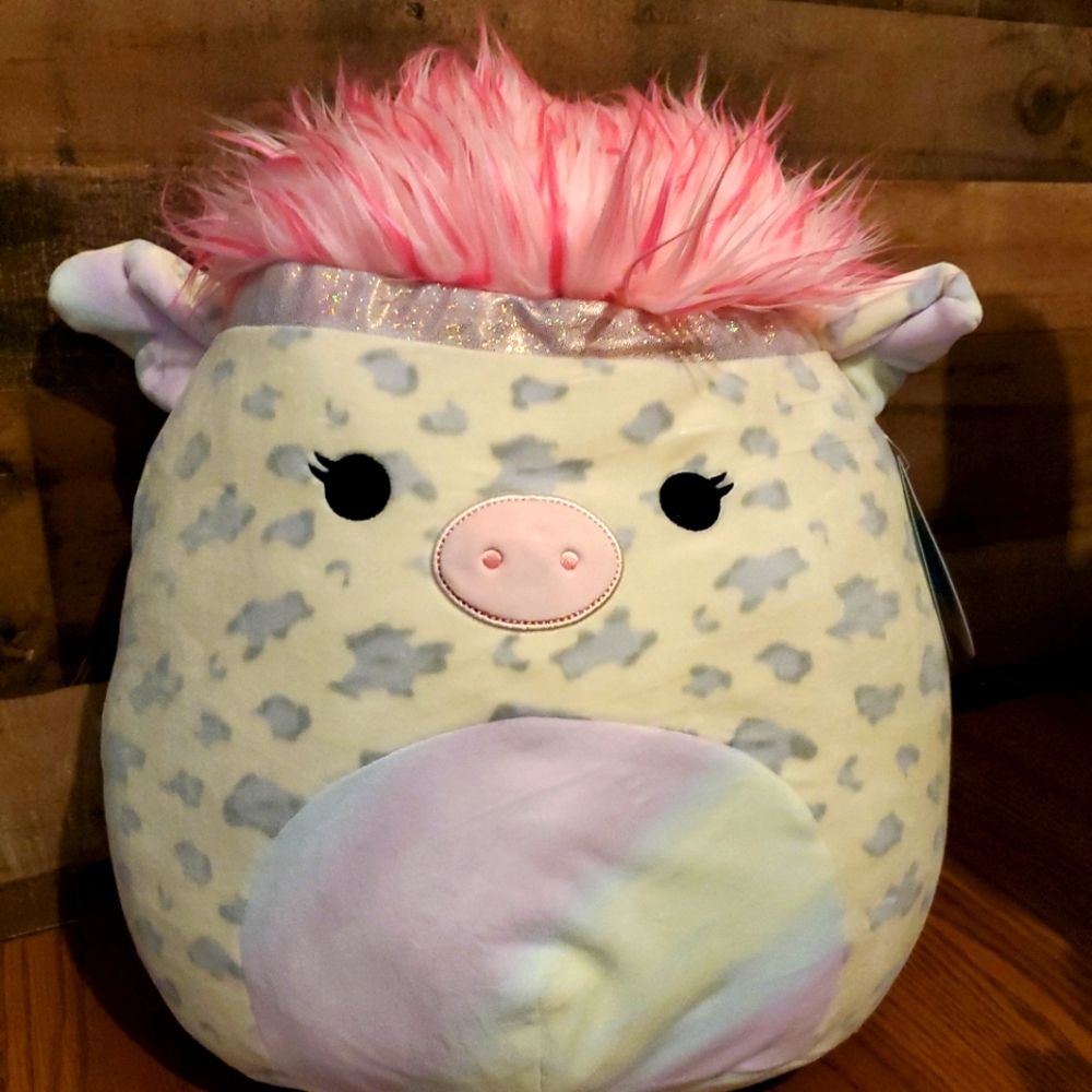 Squishmallow Kellytoy Nia 14'' Squishdoo Plush Pig w/ Pink Hair Rainbow Belly